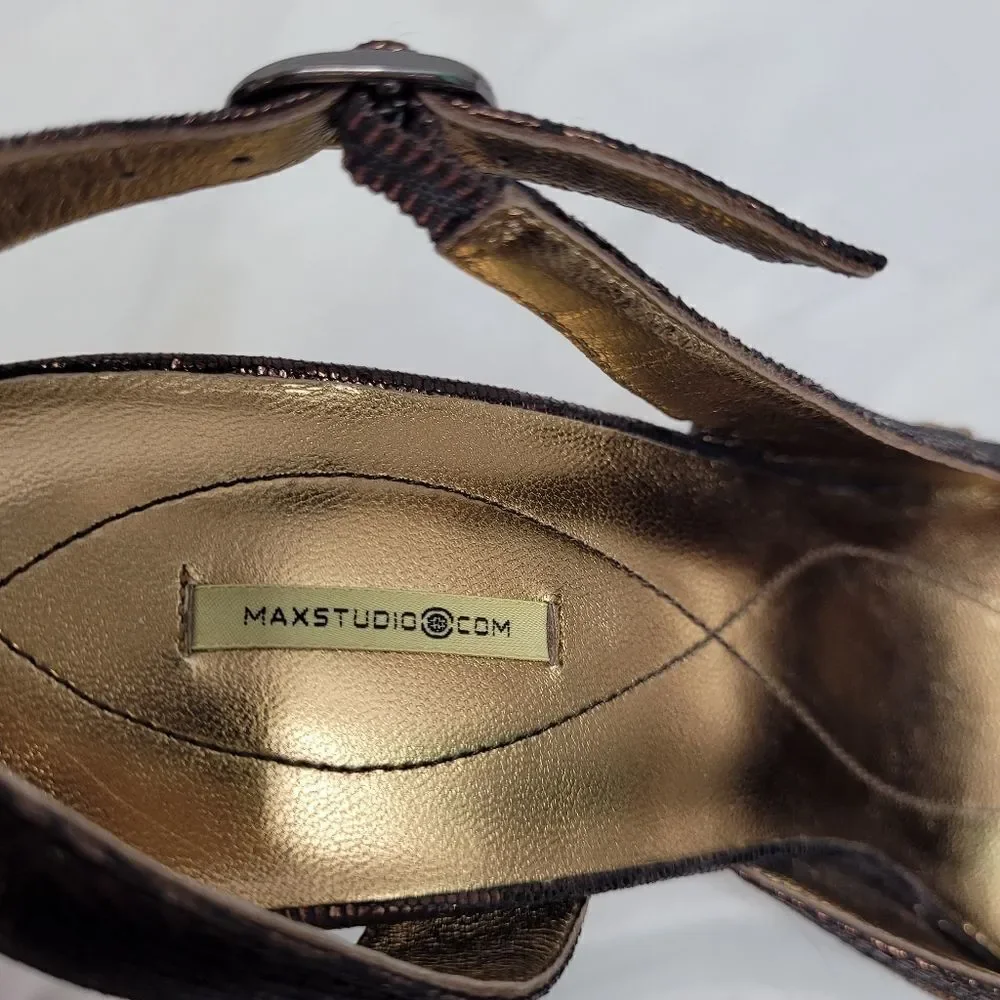 MAX STUDIO heels metallic bronze brown square toe fabric and leather slingback 8